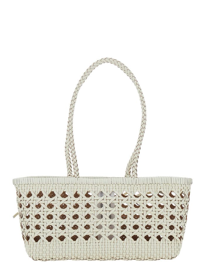 Shoulder Bag Biscuit with Double Round Handles and Ecoleather Intreccio Design for Women White Recycled Leather