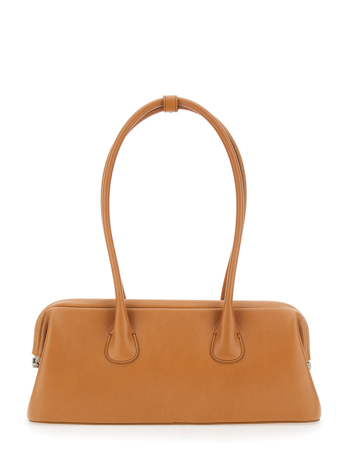 Shoulder Bag Boat Wide Mini with Round Handles and Logo Lettering on the Front in Brown Leather for Women Cow