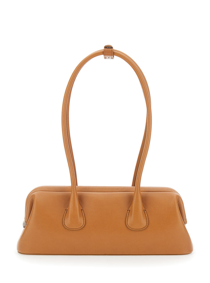 Shoulder Bag Boat Wide Mini with Round Handles in Brown Leather for Women Cow