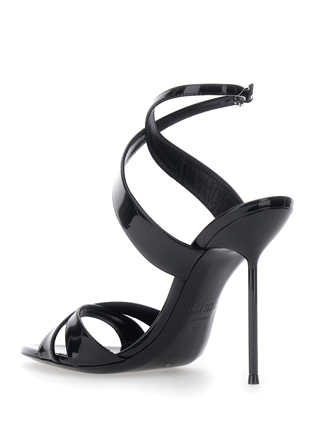 Lidia High Heel Sandals with Braided Ankle Strap and Stiletto in Shiny Black Leather for Women Calf Heels