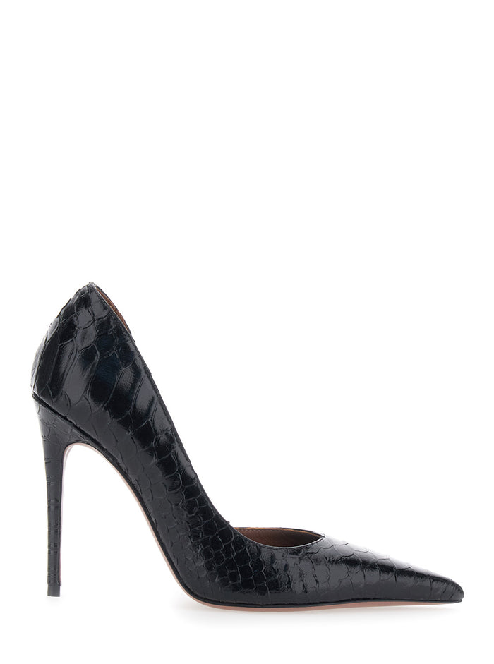 Vera Stiletto Heels with Snake Skin Effect in Black Leather for Women Calf
