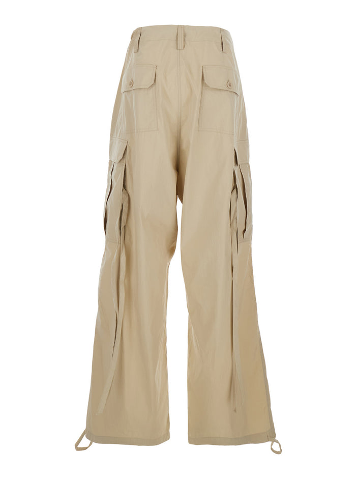 Beige Drawstring Waist Cargo Pants for Women Polyamide Cotton Trousers