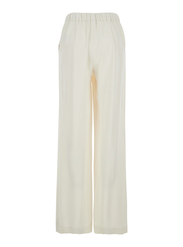 White Wide-Leg Pants with Elastic Waist for Women Polyester Trousers