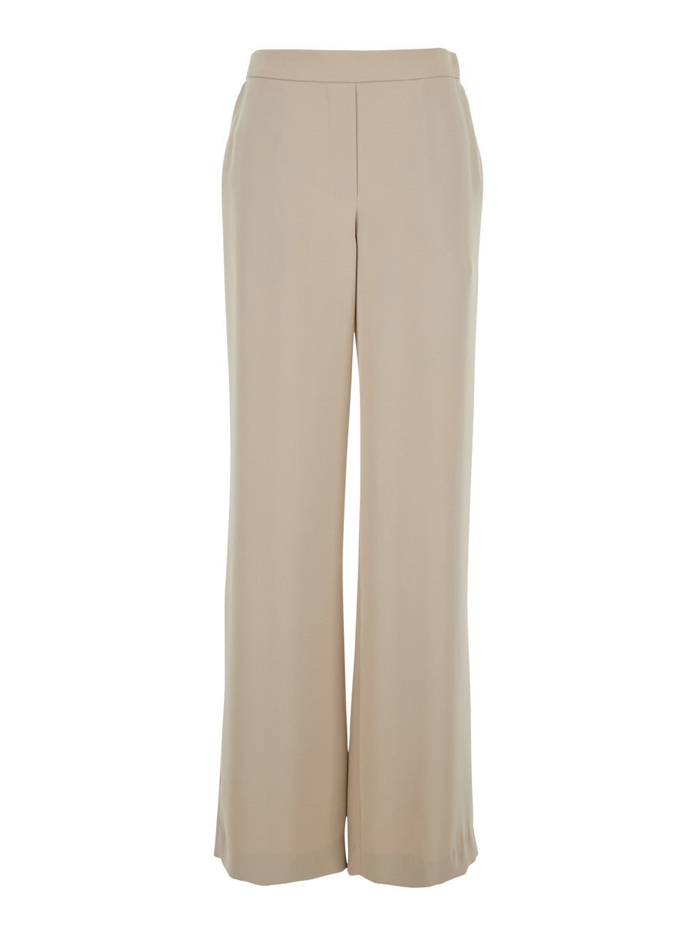 Beige Pants with Elastic Waist and Wide Leg in Womens Fabric Polyester Trousers