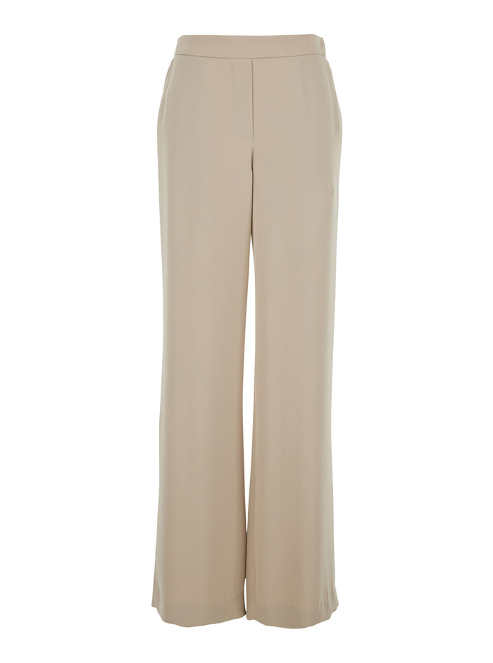 Beige Pants with Elastic Waist and Wide Leg in Womens Fabric Polyester Trousers