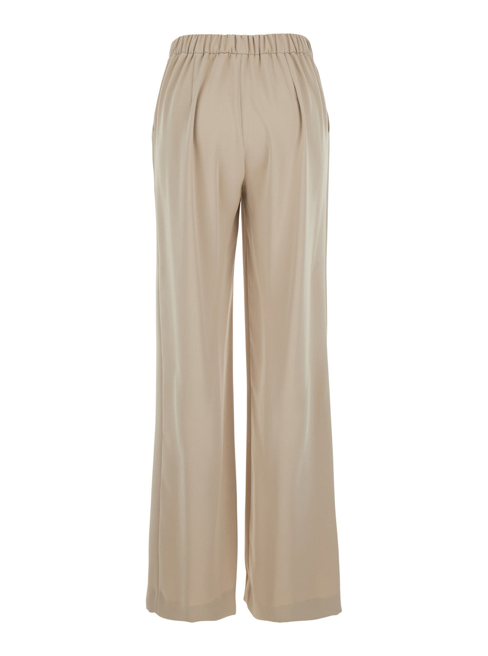 Beige Pants with Elastic Waist and Wide Leg in Womens Fabric Polyester Trousers