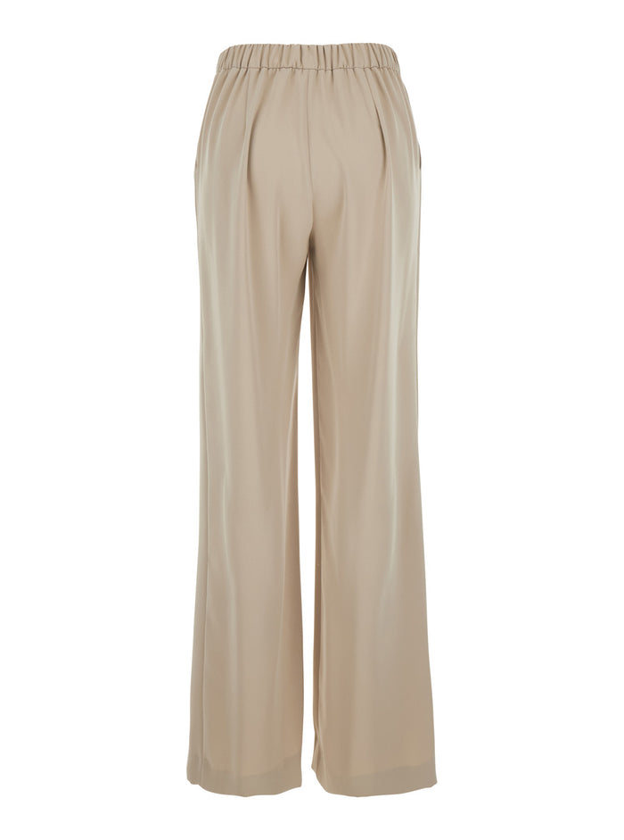 Beige Pants with Elastic Waist and Wide Leg in Womens Fabric Polyester Trousers