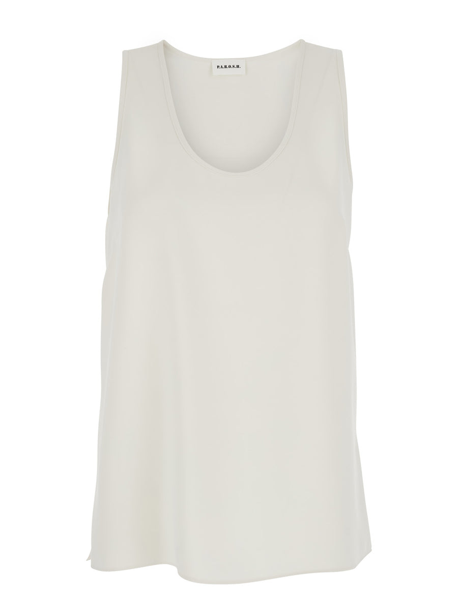 Sleeveless Top Round Neck White Polyester Tops