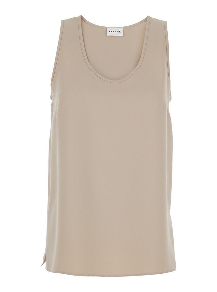 Sleeveless Top with Round Neck in Beige Fabric for Women Polyester Tops