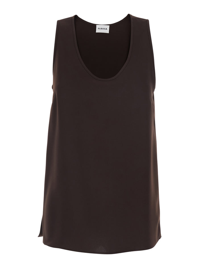 Sleeveless Top with Round Neck - Tech Fabric Brown Women Polyester Tops
