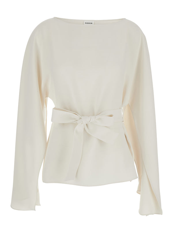 Blouse, Round Neck With Bow, White Polyester Blouses