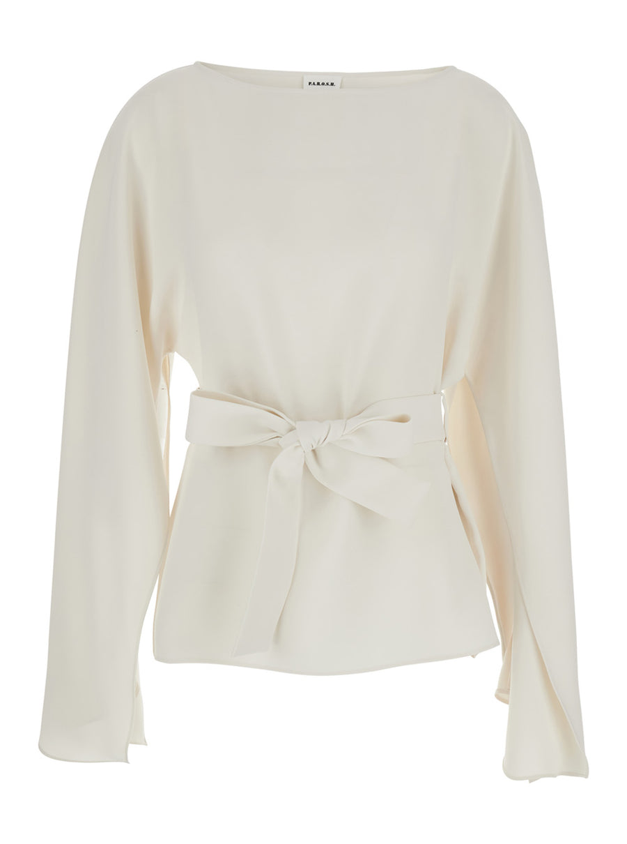Blouse, Round Neck With Bow, White Polyester Blouses
