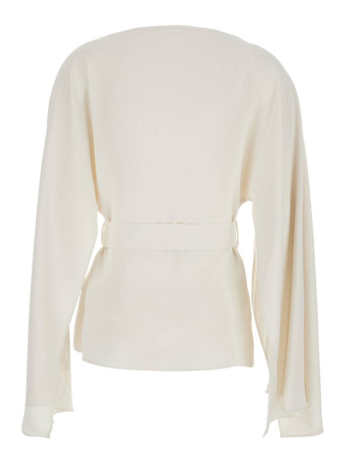 Round Neck Blouse with Bow Detail on the Front in White Fabric for Women Polyester Shirts And Blouses