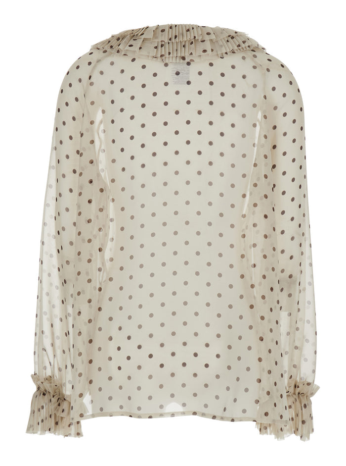 Blouse with Ruffles on the Front and All-Over Polka Dot Print in Tech Fabric Beige Women Polyester Shirts Blouses