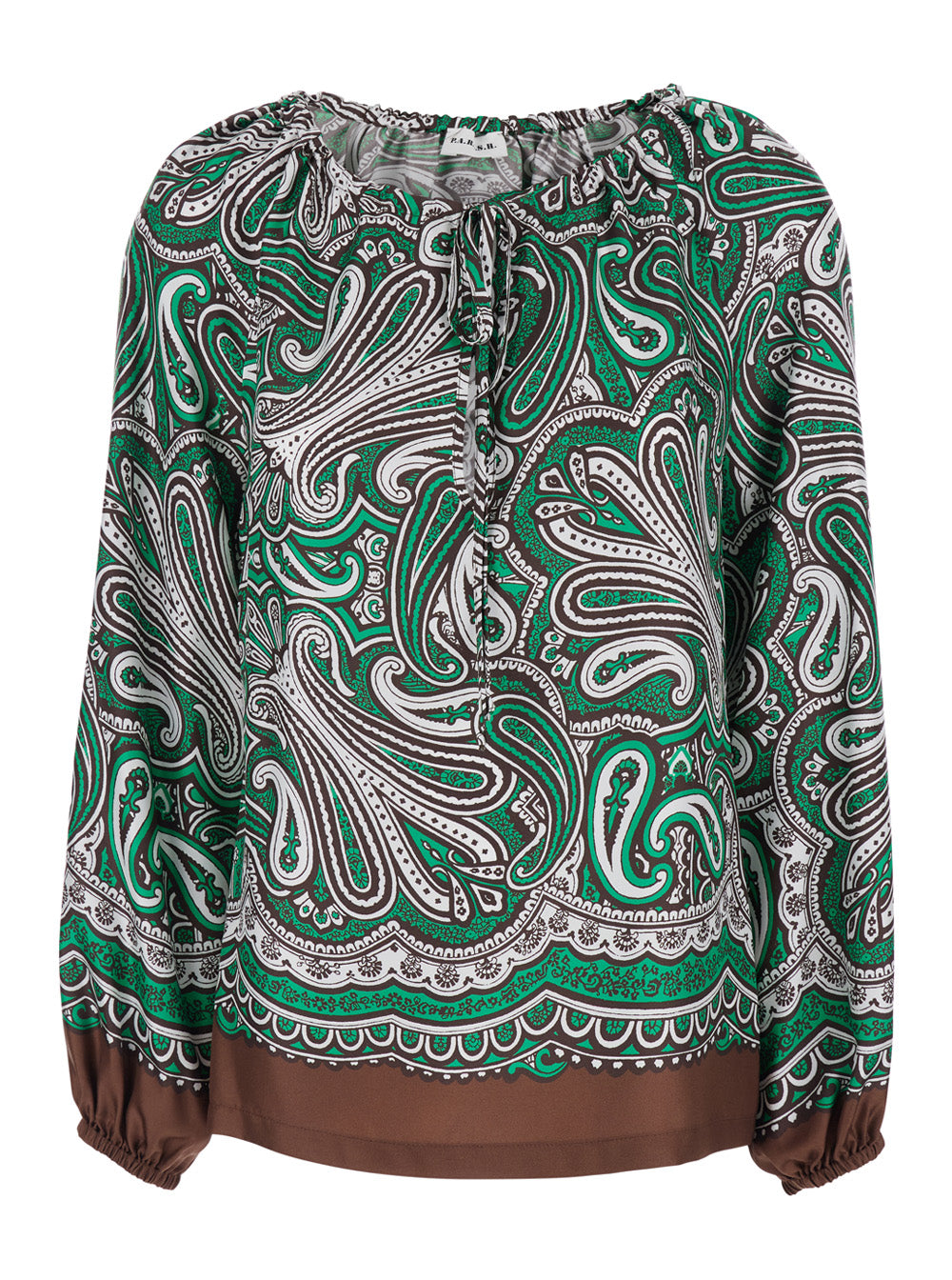 Silk Blouse with Long Balloon Sleeves and All-Over Green Print for Women Shirts Blouses