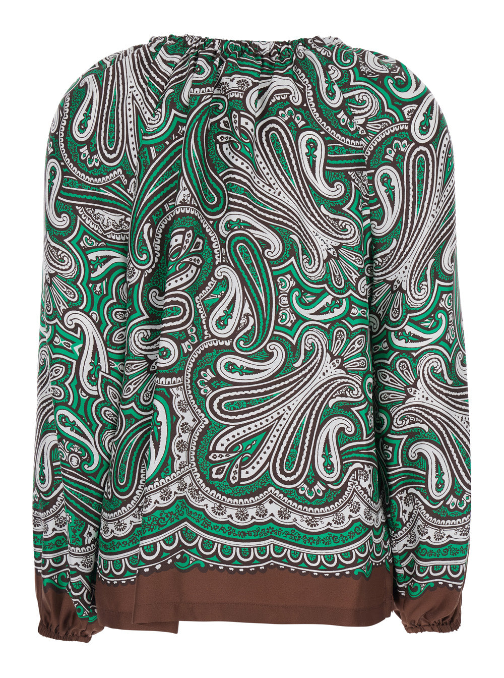 Silk Blouse with Long Balloon Sleeves and All-Over Green Print for Women Shirts Blouses