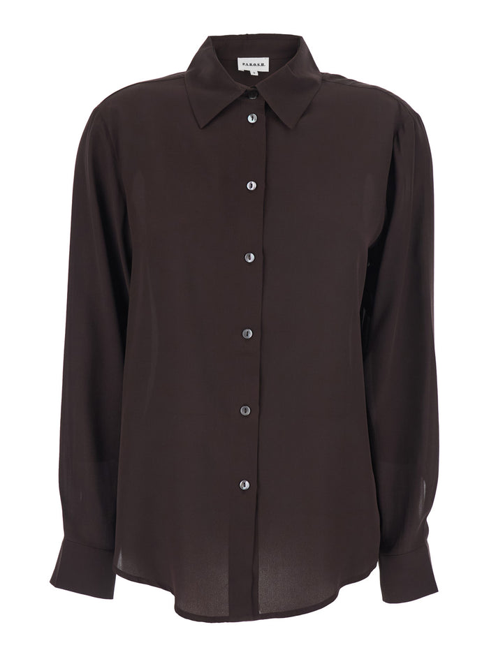 Pointed Collar Long Sleeve Silk Shirt Dark Brown Women And Blouses