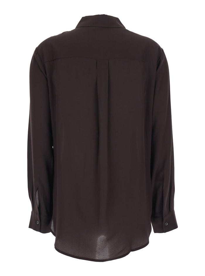 Pointed Collar Long Sleeve Silk Shirt Dark Brown Women And Blouses