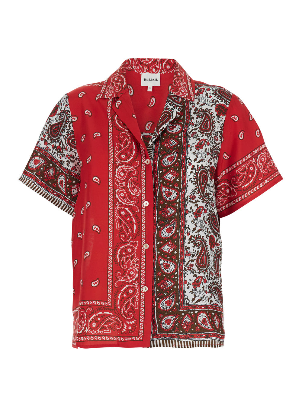 Shirt with Cuban Neckline and All Over Bandana Print in Red Silk for Women Blouses