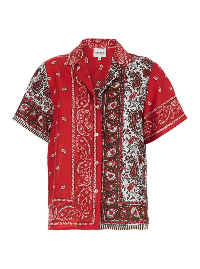Shirt with Cuban Neckline and All Over Bandana Print in Red Silk for Women Blouses