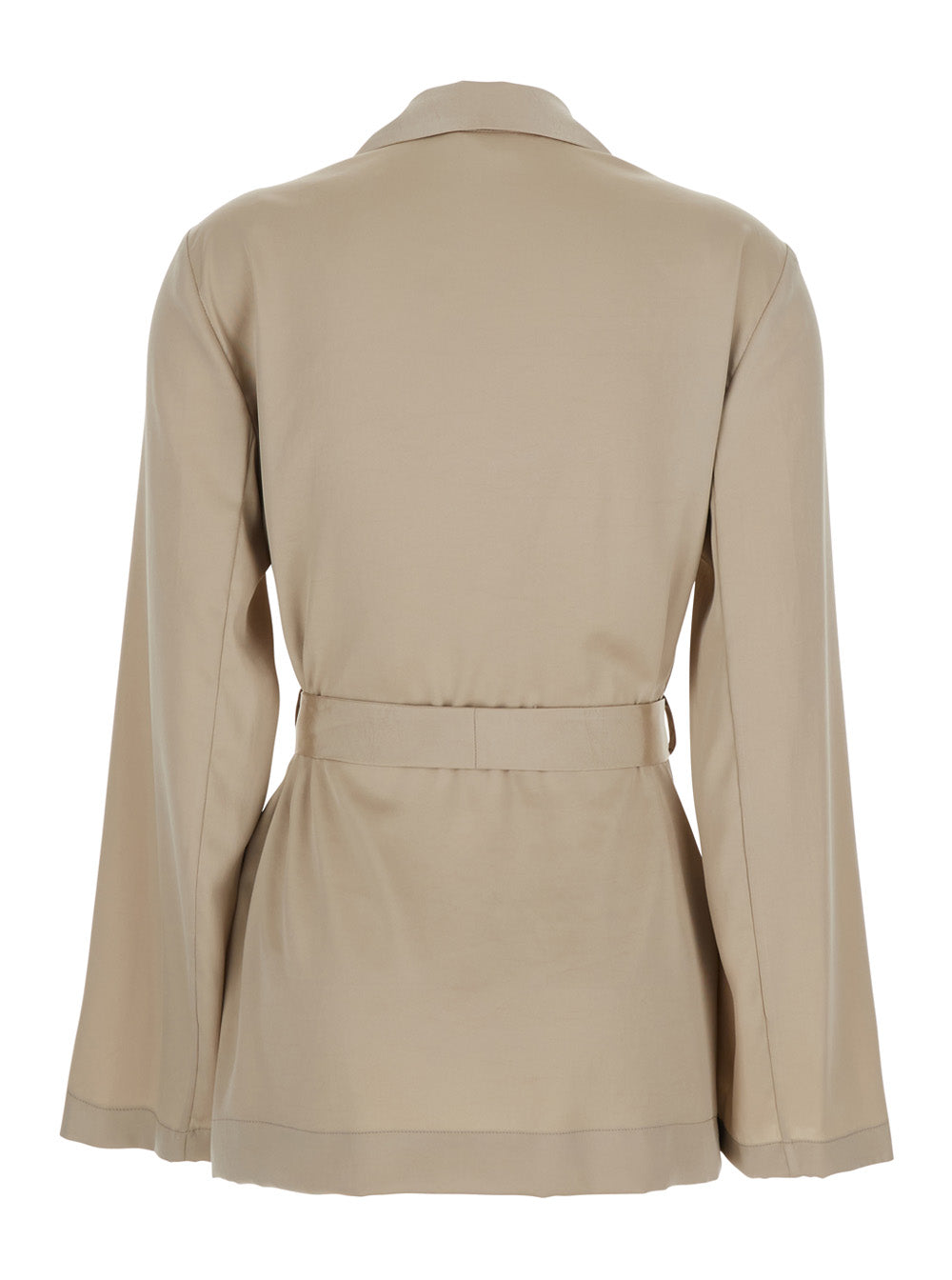 Double-breasted Jacket with Notched Revers and Front Belt in Beige Tech Fabric for Women Polyester Blazers