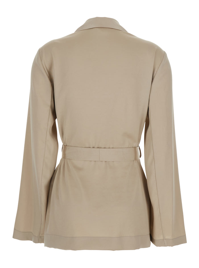 Double-breasted Jacket with Notched Revers and Front Belt in Beige Tech Fabric for Women Polyester Blazers