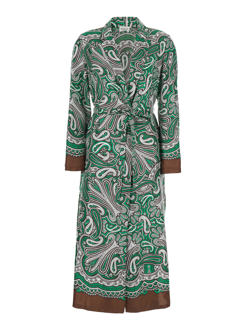 Long Dress With Waist Belt And All-Over Green Silk Scarf Print For Women