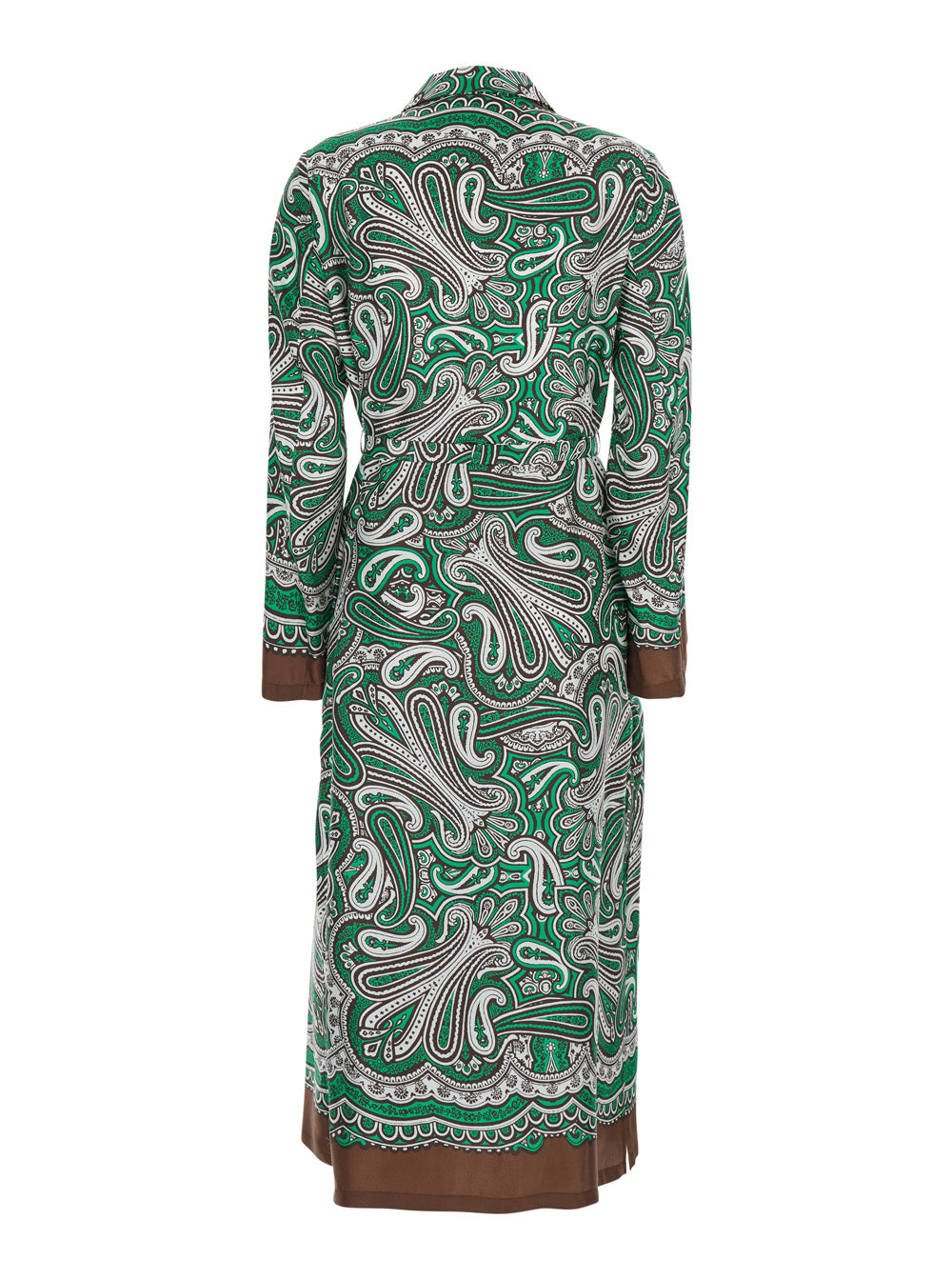 Long Dress With Waist Belt And All-Over Green Silk Scarf Print For Women