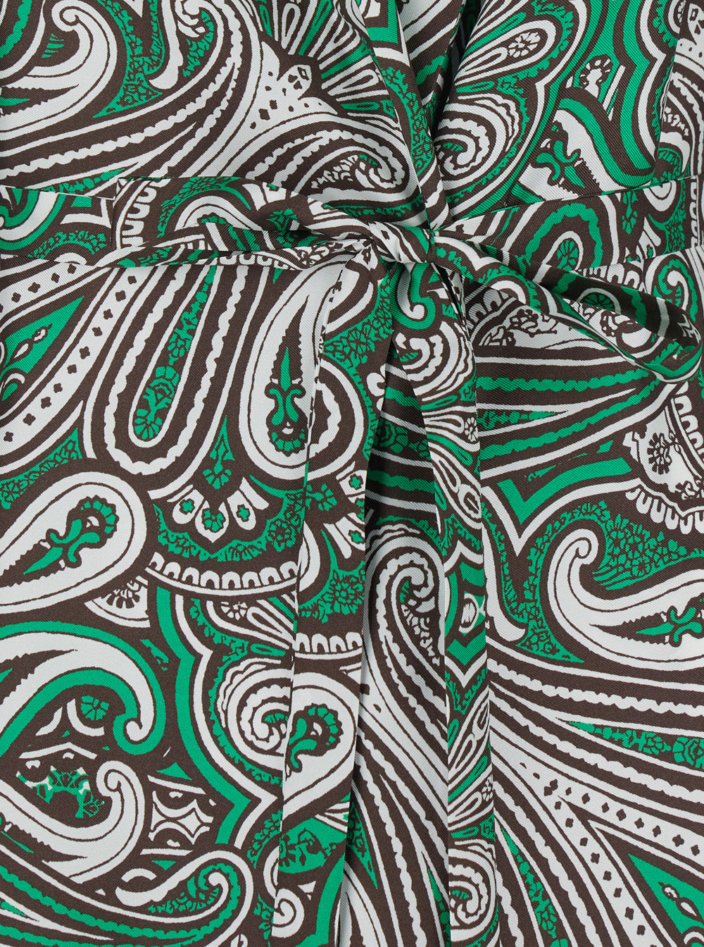 Long Dress With Waist Belt And All-Over Green Silk Scarf Print For Women