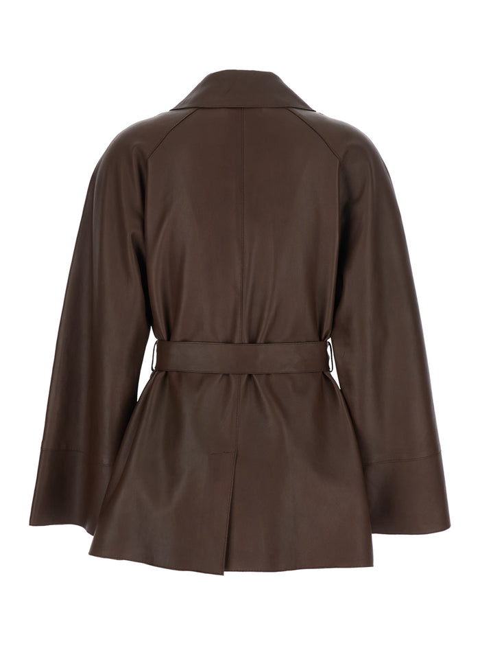 Brown Leather Jacket with Wide Collar and Front Belt for Women Lamb Blazers