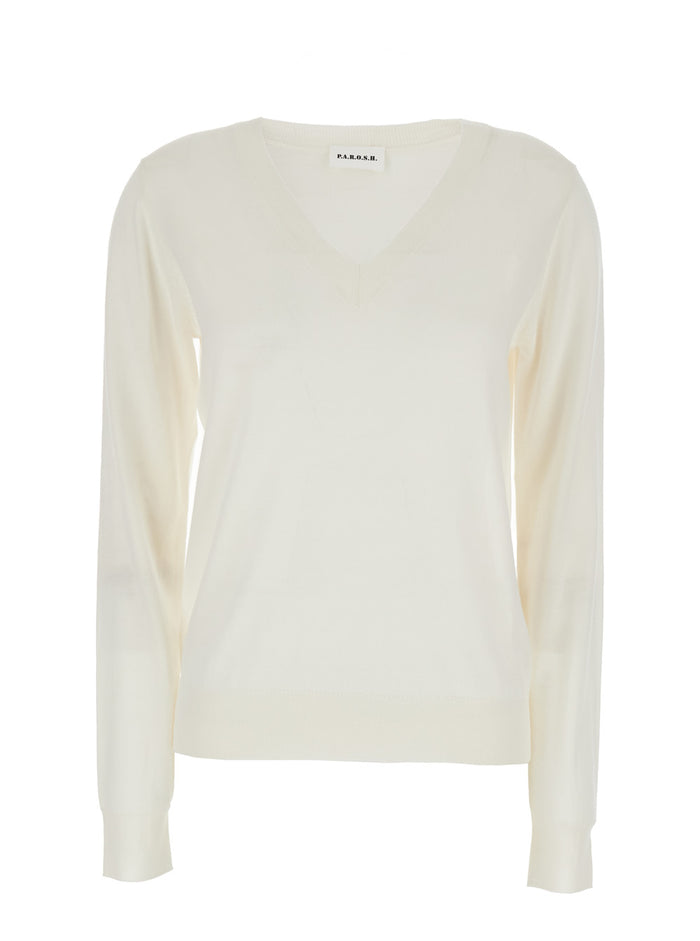 Long Sleeve V-Neck Sweater in White Wool and Silk Blend for Women Cashmere Jersey