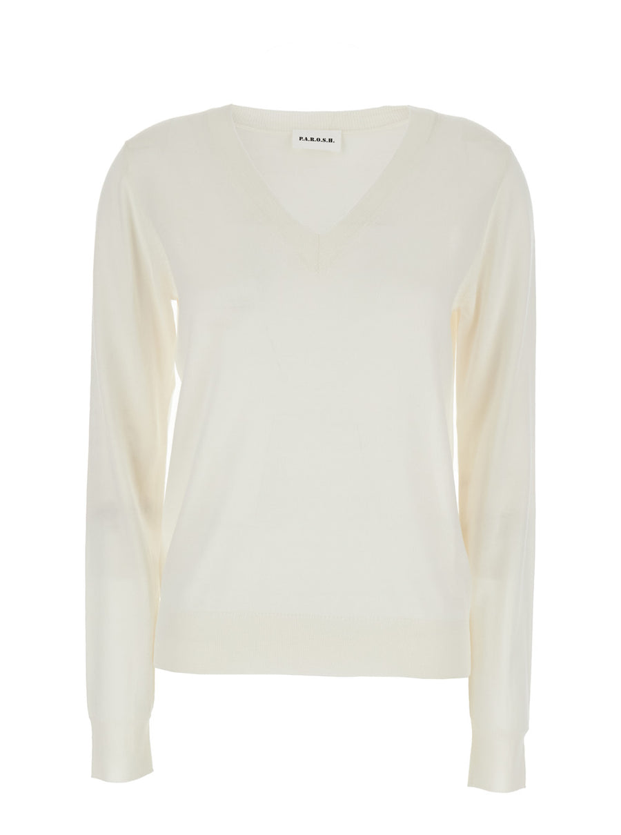 Long Sleeve V-Neck Sweater White Wool-Silk Tops