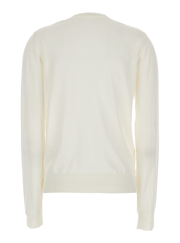 Long Sleeve V-Neck Sweater in White Wool and Silk Blend for Women Cashmere Jersey