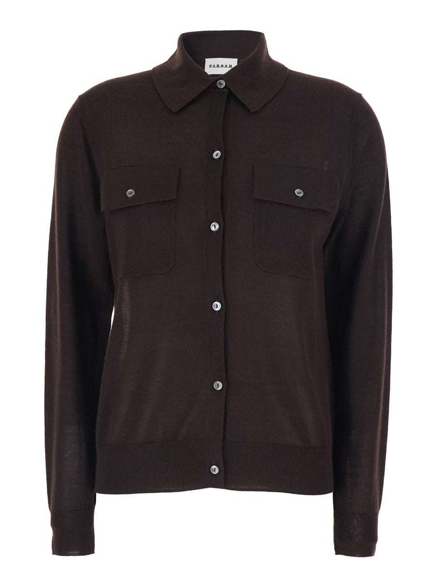 Polo-Collar Sweater, Brown Wool-Blend