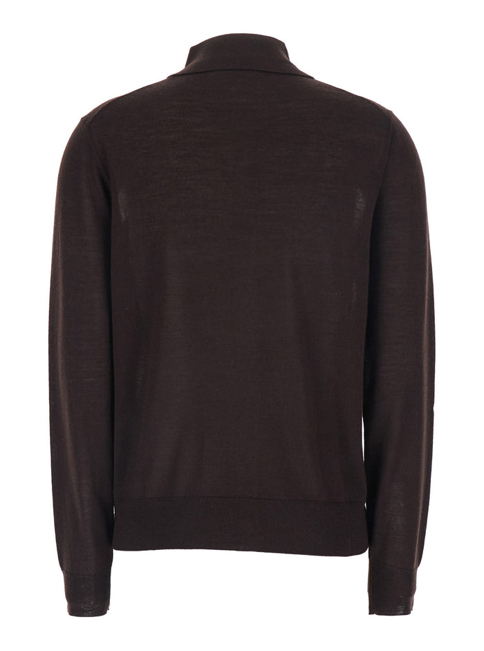 Polo Collar Sweater with Front Button Closure in Brown Wool Blend for Women Silk Cashmere Jersey