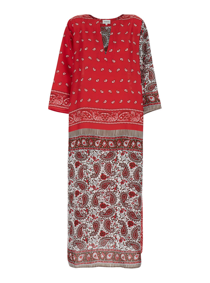Red Silk Caftan with V-Neck and All-Over Bandana Motif for Women Beachwear