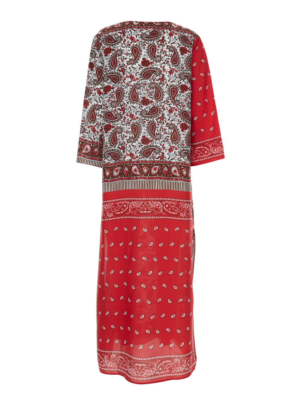 Red Silk Caftan with V-Neck and All-Over Bandana Motif for Women Beachwear