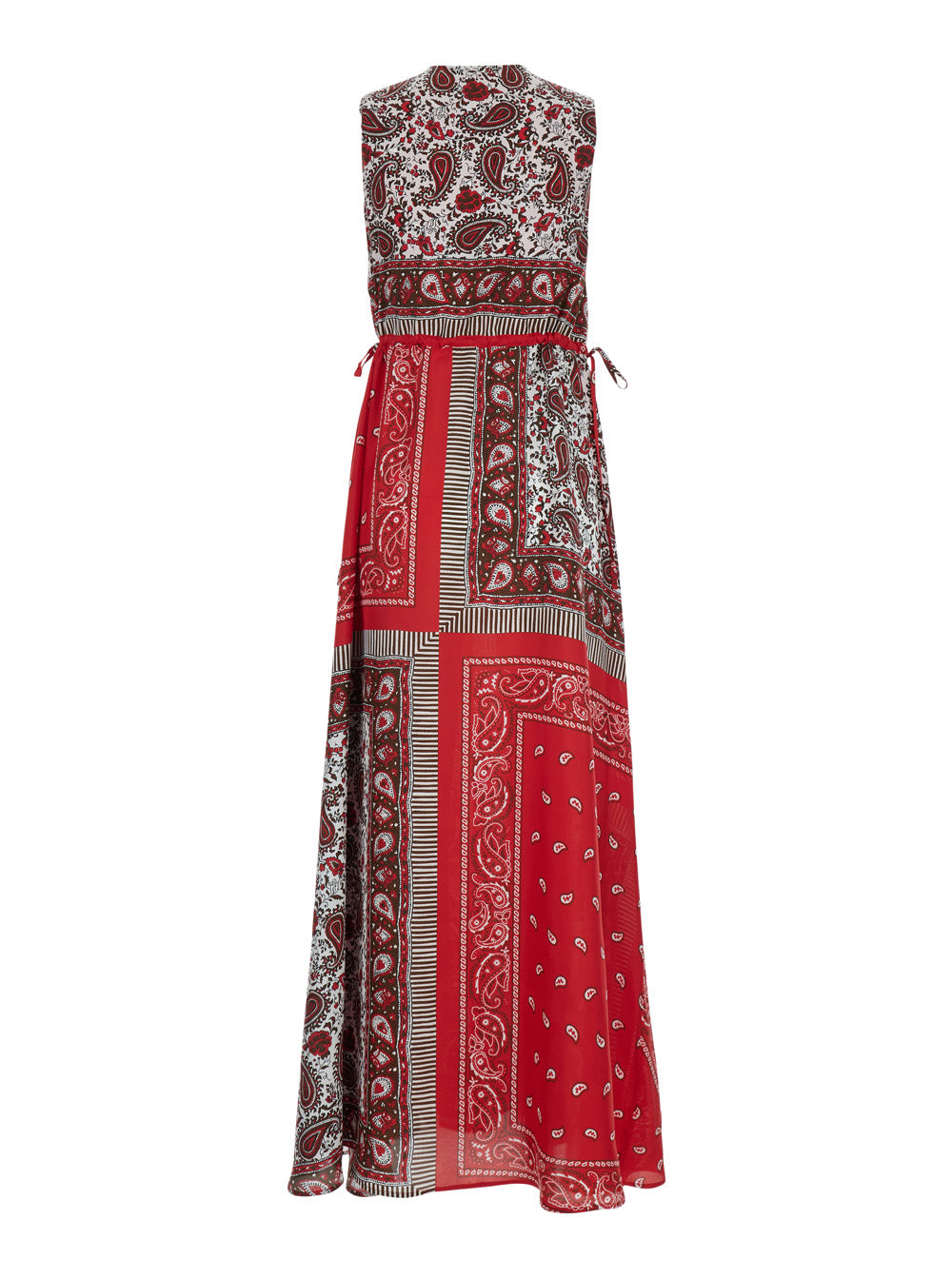 Long Dress Shiele With V-Neck And All-Over Bandana Motif Red Silk For Women
