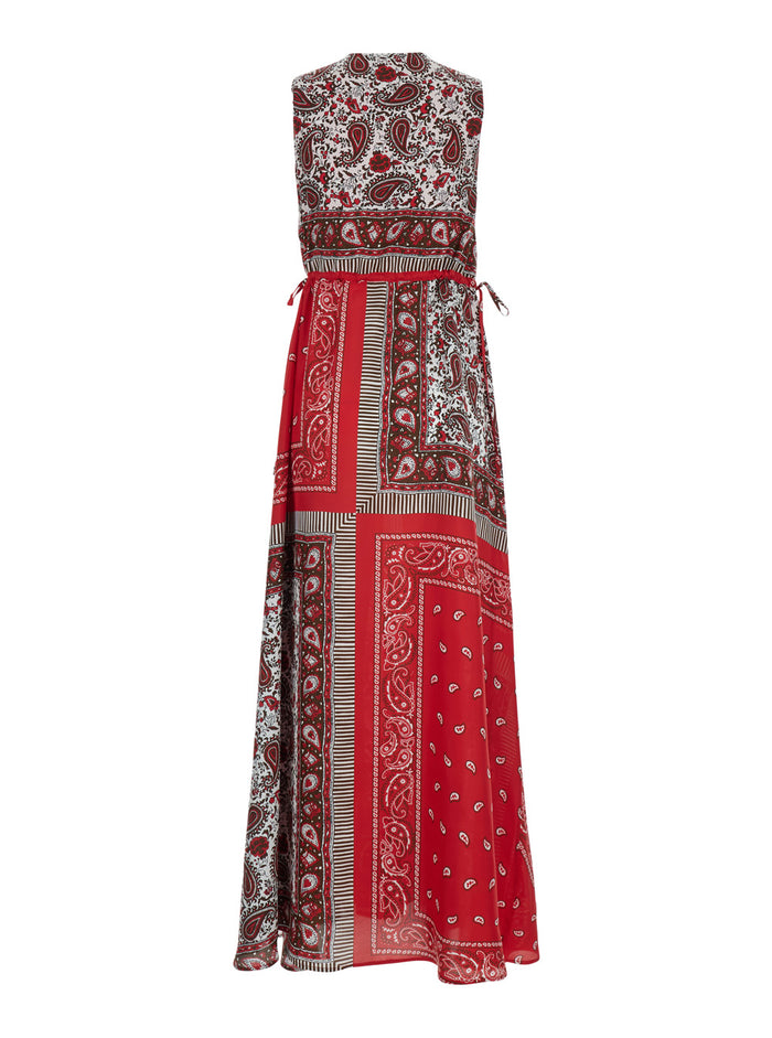Long Dress Shiele With V-Neck And All-Over Bandana Motif Red Silk For Women