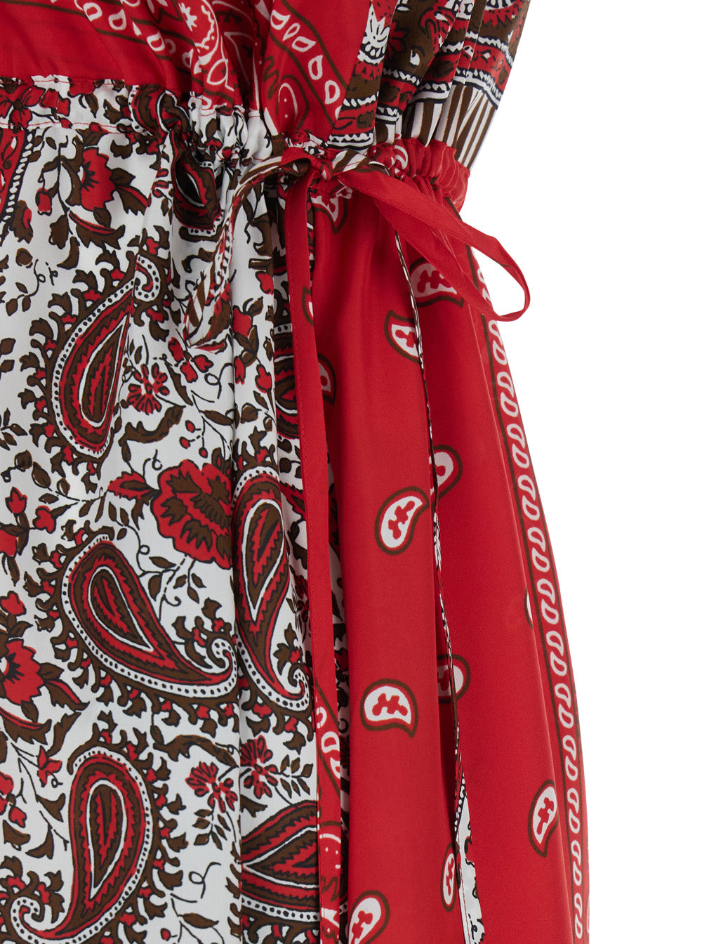 Long Dress Shiele With V-Neck And All-Over Bandana Motif Red Silk For Women