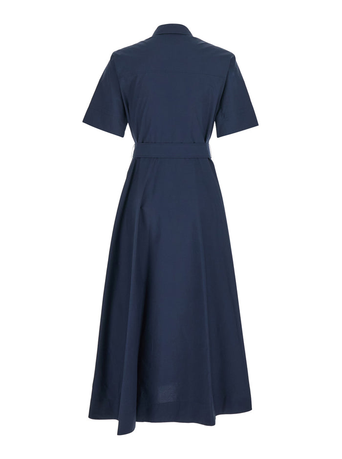 Long Dress with Classic Collar and Waist Belt in Blue Cotton for Women Blu