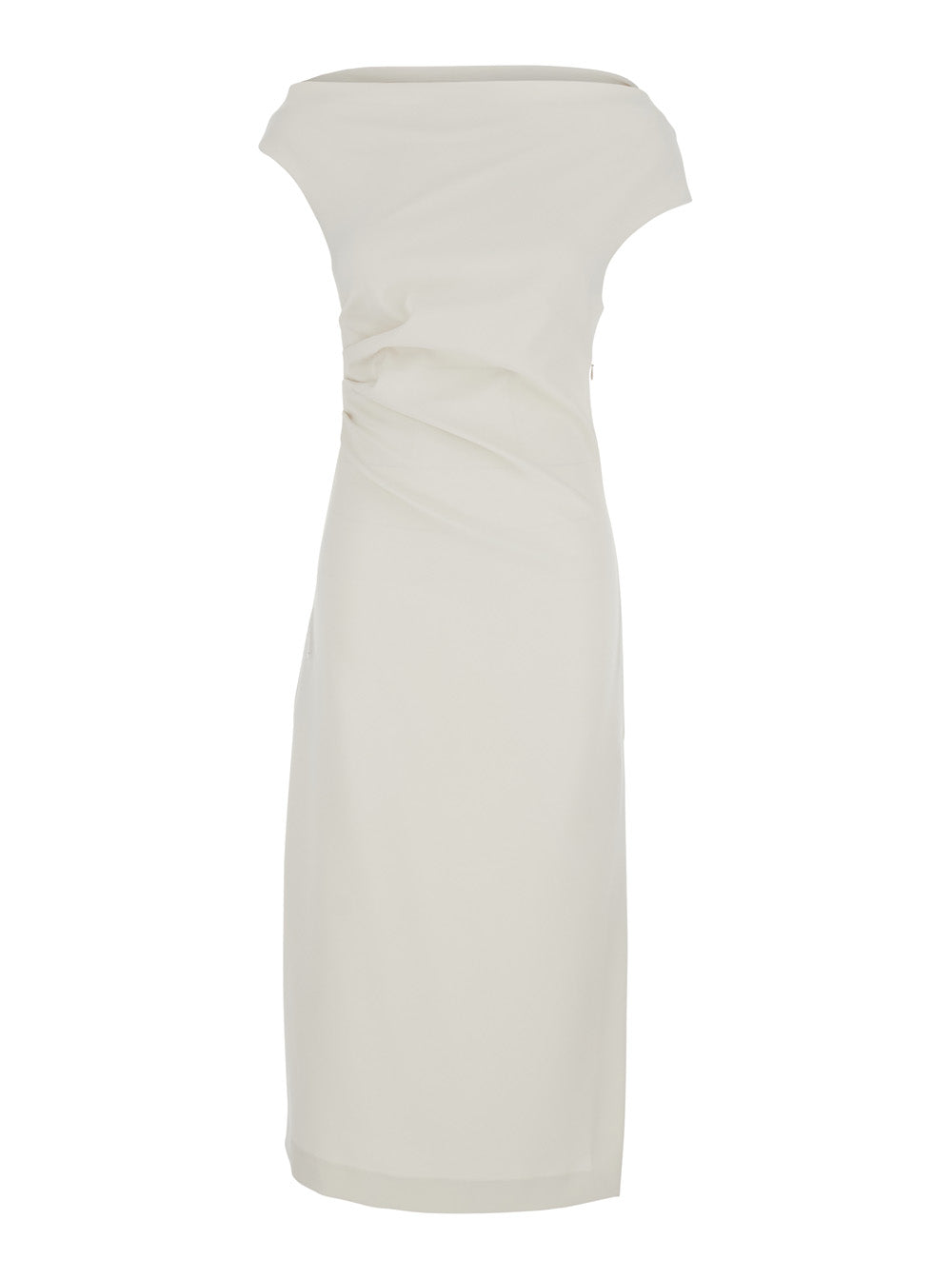Long Dress with Square Neckline and Draped Details White Polyester Elastane