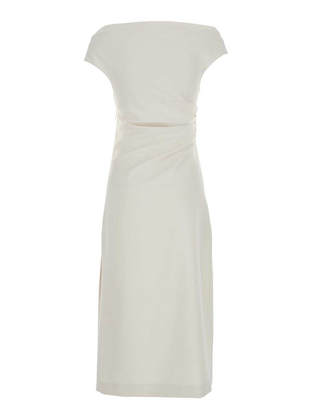 Long Dress with Square Neckline and Draped Details White Polyester Elastane