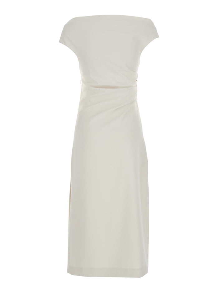 Long Dress with Square Neckline and Draped Details White Polyester Elastane