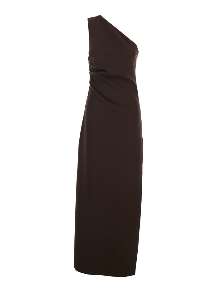 Long Dress with Hidden Zip Closure on the Side in Brown Stretch Cady for Women Polyester Elastane