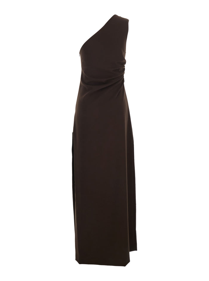 Long Dress with Hidden Zip Closure on the Side in Brown Stretch Cady for Women Polyester Elastane