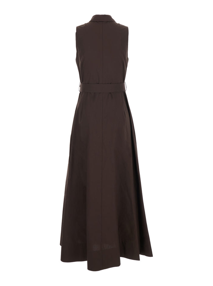 Long Sleeveless Dress with Front Belt and Classic Collar in Brown for Women Cotton