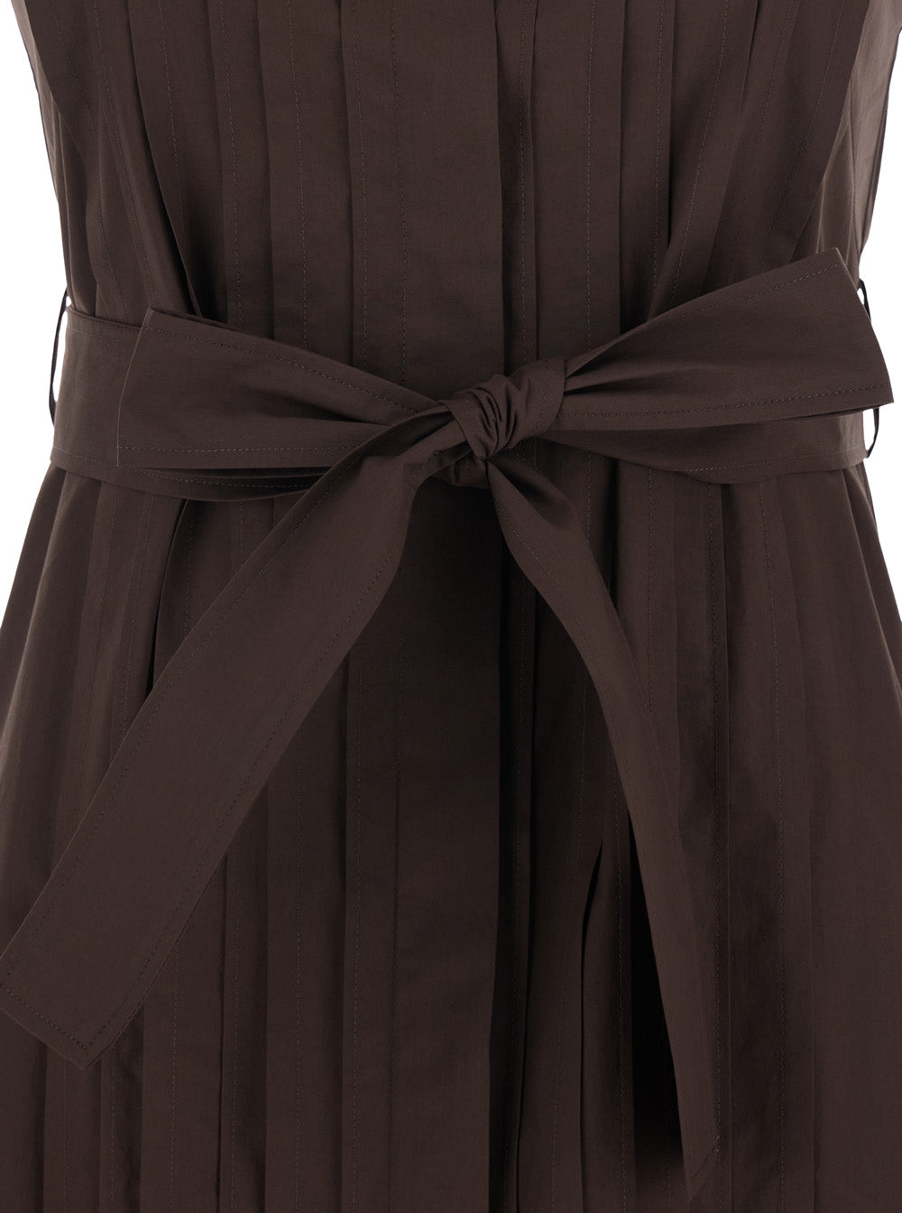 Long Sleeveless Dress with Front Belt and Classic Collar in Brown for Women Cotton