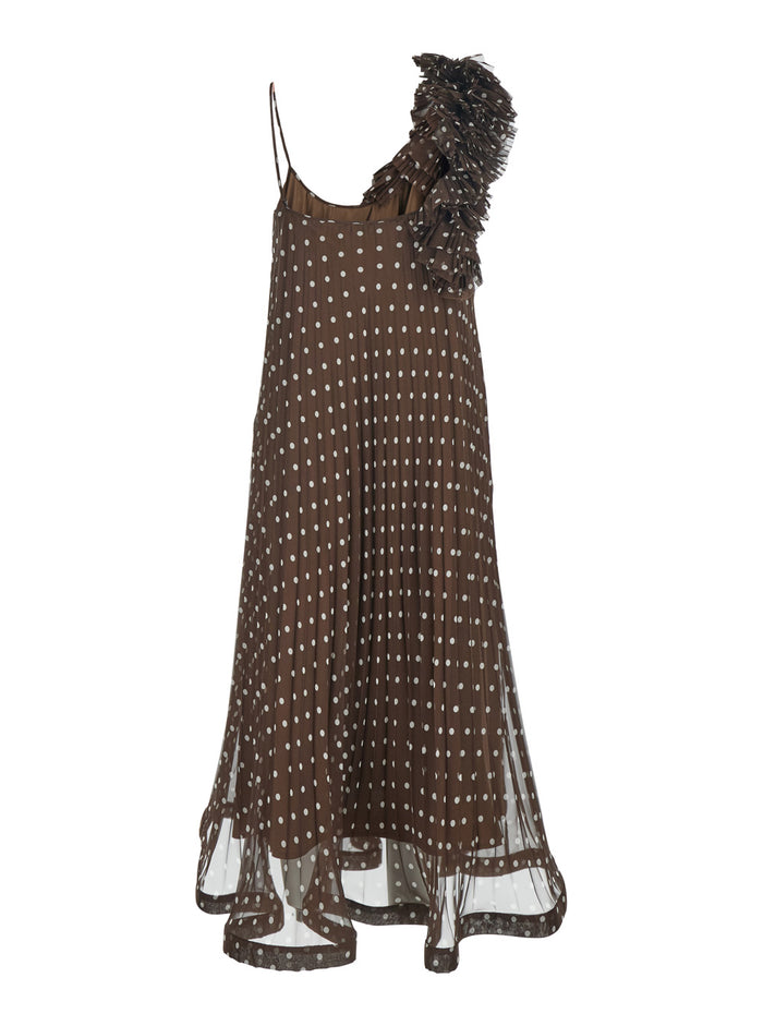 Long Dress with Thin Straps and All Over Polka Dot Motif in Brown for Women Polyester
