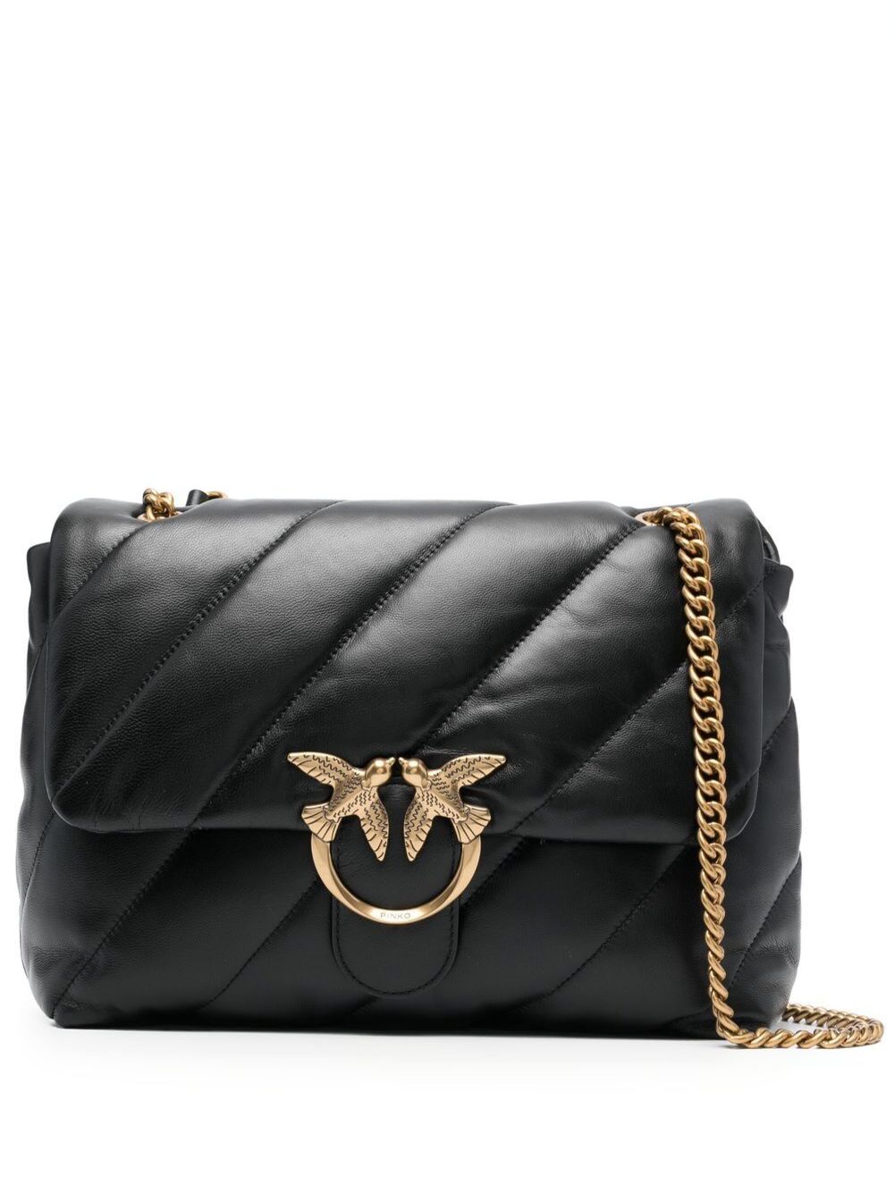Love Puff Shoulder Bag with Birds Diamond Cut Logo on Front in Black Leather for Women Crossbody